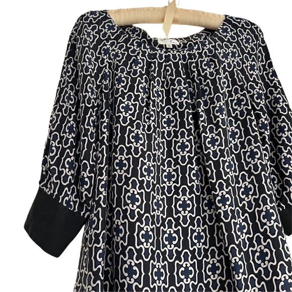 Milly New York Silk Long Sleeve Dress Black + Tan Medallion Pattern Size 0 - Picture 3 of 8